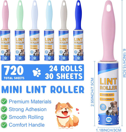 Hushee 24 Pack Bulk Mini Lint Roller for Travel 720 Sheets 6'' Small Lint Removers Portable Lint Roller Travel Size Removers Sticky Removing Tool for Pet Hair Clothes Furniture Car Seat