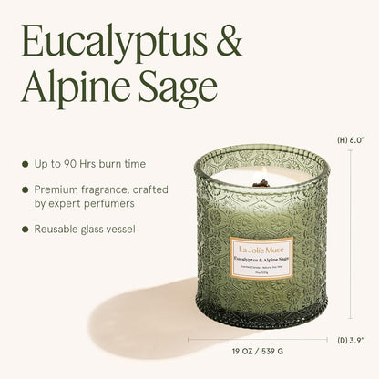 LA JOLIE MUSE Eucalyptus & Alpine Sage Candle – Eucalyptus, Sage & Lavender | 19 oz Wooden Wick | Natural Soy Wax | 90 Hours Burn | Candle for Relaxation