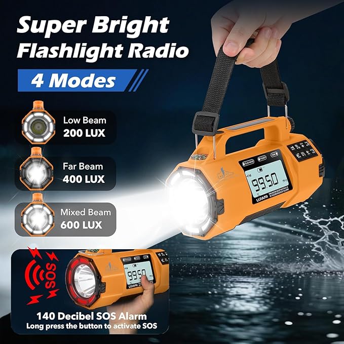 Emergency Radio FM/AM/SW/NOAA Weather Alert, Big Flashlight Big Speaker,Sleep Timer Alarm Clock, Solar/Hand Crank 5000mAh Replaceable Battery,with Cell Phone Charger Hurricane Storm Survival kit