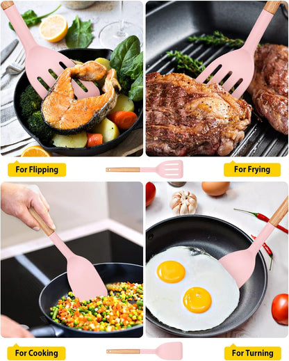 Pack of 2 Silicone Cooking Spatula, Heat Resistant Solid Turner, Non Stick Slotted Spatulas with Wooden Short Handle,Ideal Wood Kitchen Utensils Set for Frying, Baking, Flipping, Turning