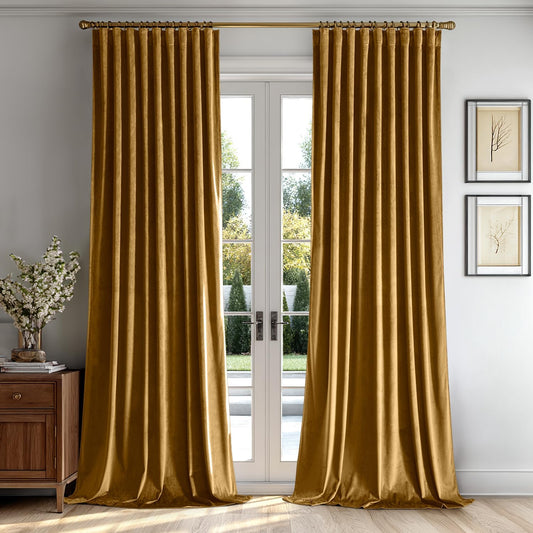 MIULEE Gold Velvet Curtains 90 inches 2 Panels - Luxury Room Darkening Window Drapes for Bedroom Living Room Thermal Insulated Super Soft Blackout, Back Tab Rod Pocket Pinch Pleated, W52 x L90