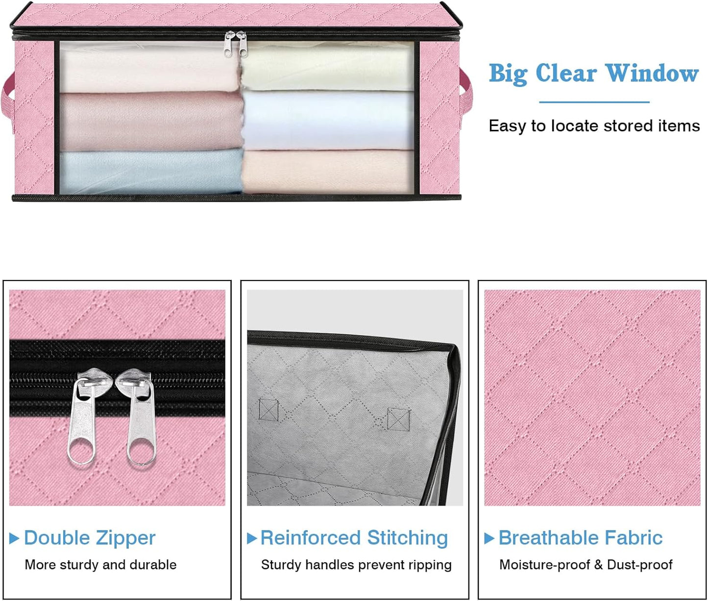 HomeHacks Storage 6-Pack Clothes Organizer Storage Bags Foldable Storage Box with Large Clear Window Sturdy Handles for Closet, Dorm, Pillows, Bedding, Clothes, Blankets, 35L, Pink