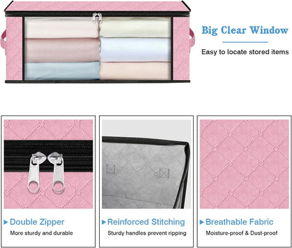HomeHacks Storage 8-Pack Clothes Organizer Storage Bags Foldable Storage Box with Large Clear Window Sturdy Handles for Closet, Dorm, Pillows, Bedding, Clothes, Blankets, 35L, Pink