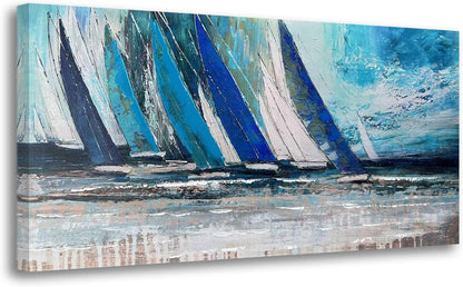 Arjun Blue Abstract Wall Art Canvas Teal Ocean Sailboat Picture Modern Turquoise Coastal Nautical Painting, Extra Large 58"x29" Framed Textured Artwork for Living Room Bedroom Home Office Wall Decor