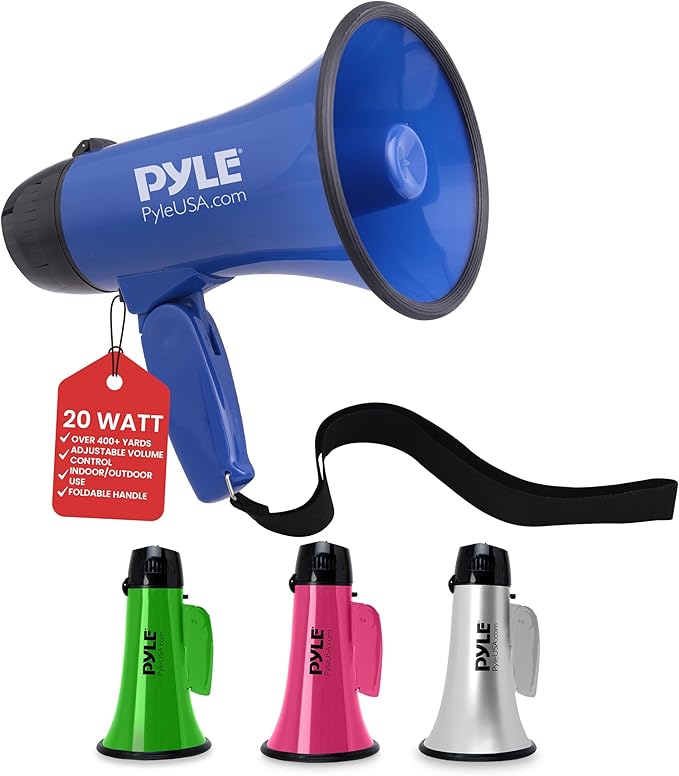 Pyle PMP21BL Portable Megaphone Speaker Siren Bullhorn - Compact and Battery Operated with 20 Watt Power, Microphone, 2 Modes, PA Sound and Foldable Handle for Cheerleading and Police Use, Blue
