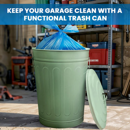 Plexon Round Trash Can 13 Gallon, Vintage Metal Outdoor Trash Can with Lid, Retro Farmhouse Garbage Container, Old School Modern Ash Bucket, Green