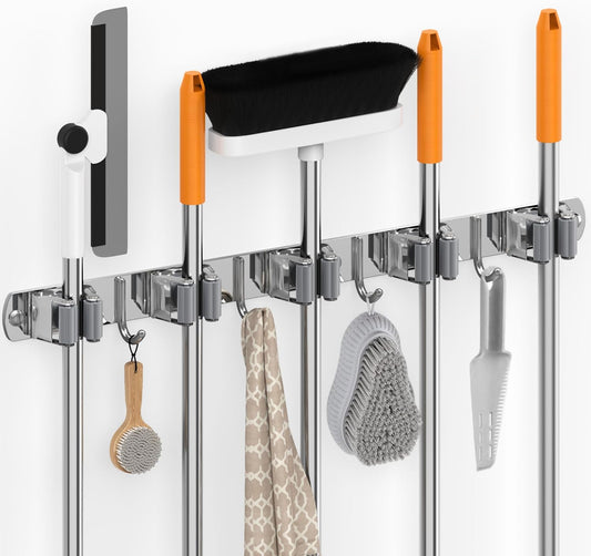 5 Grippers Broom Holder Wall Mount with 4 Hooks Stainless Steel Mop and Broom Organizer Self Adhesive or Screw Fixing for Garden Tool Rack Closet Laundry Room Kitchen Garage Storage Utility Hook