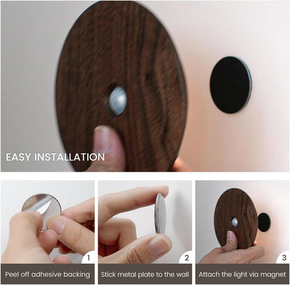 Motion Sensor Night Light Wood Rechargeable Battery-Powered Stick-On Step Lights Loftie Lights Magnetic Closet Warm Nightlight for Hallway Bedroom Stair (2 Pack Black Walnut)