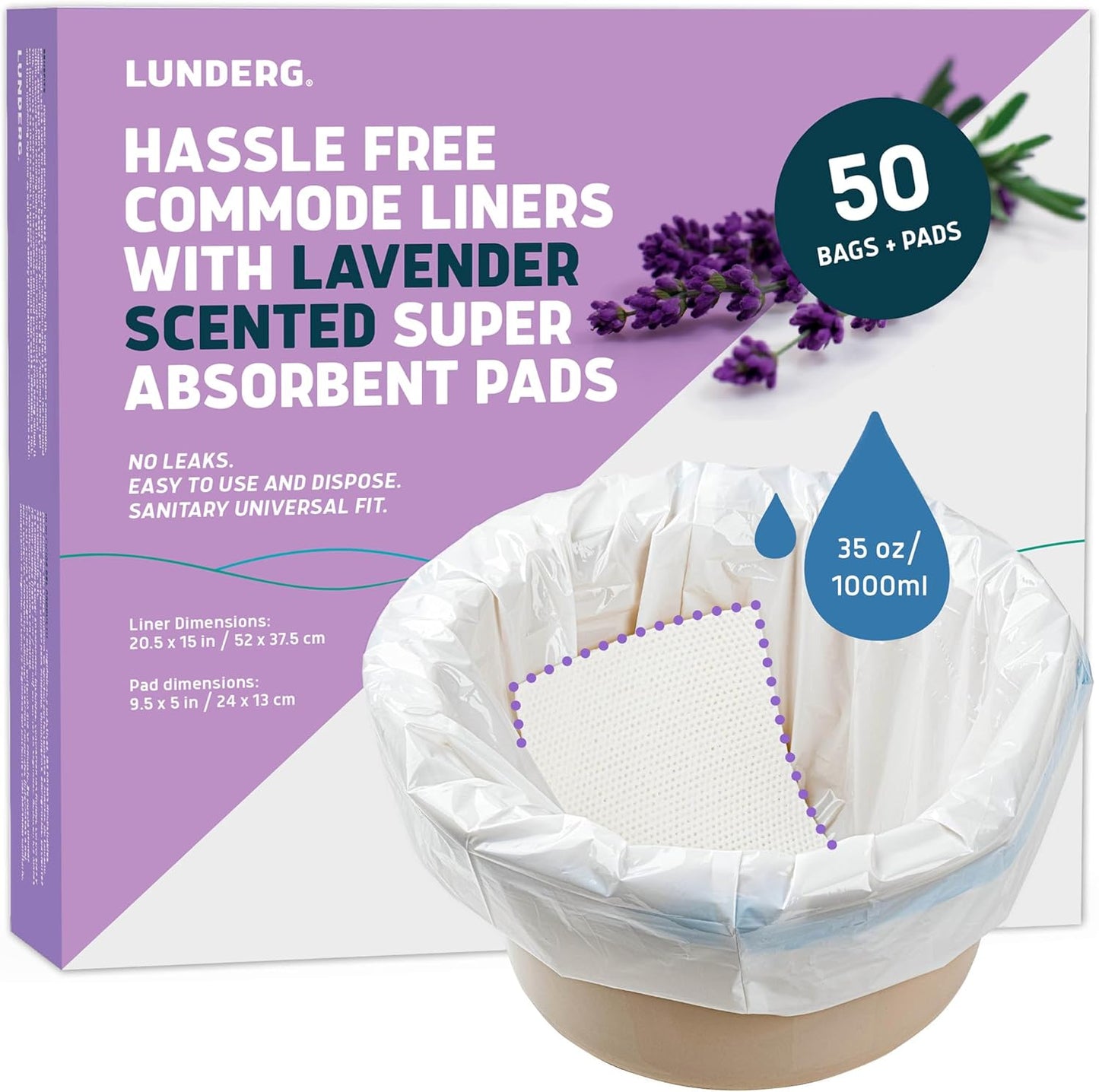 Lunderg Commode Liners with Absorbent Pads - Lavender Scent Medical Grade 50 Count Universal Fit - Disposable Bedside Commode Liners and Pads for Adult Chairs, Portable Buckets & Camping Toilet Bags
