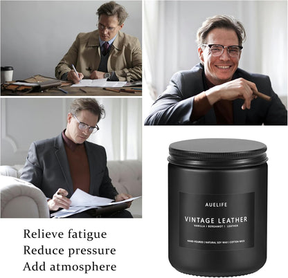 2 Pack Men Candles | Smoke & Vanilla + Vintage Leather - Scented Candles for Men - Masculines Candle - Soy Candle for Home Scented, Man Gifts, Black Jar - 7oz