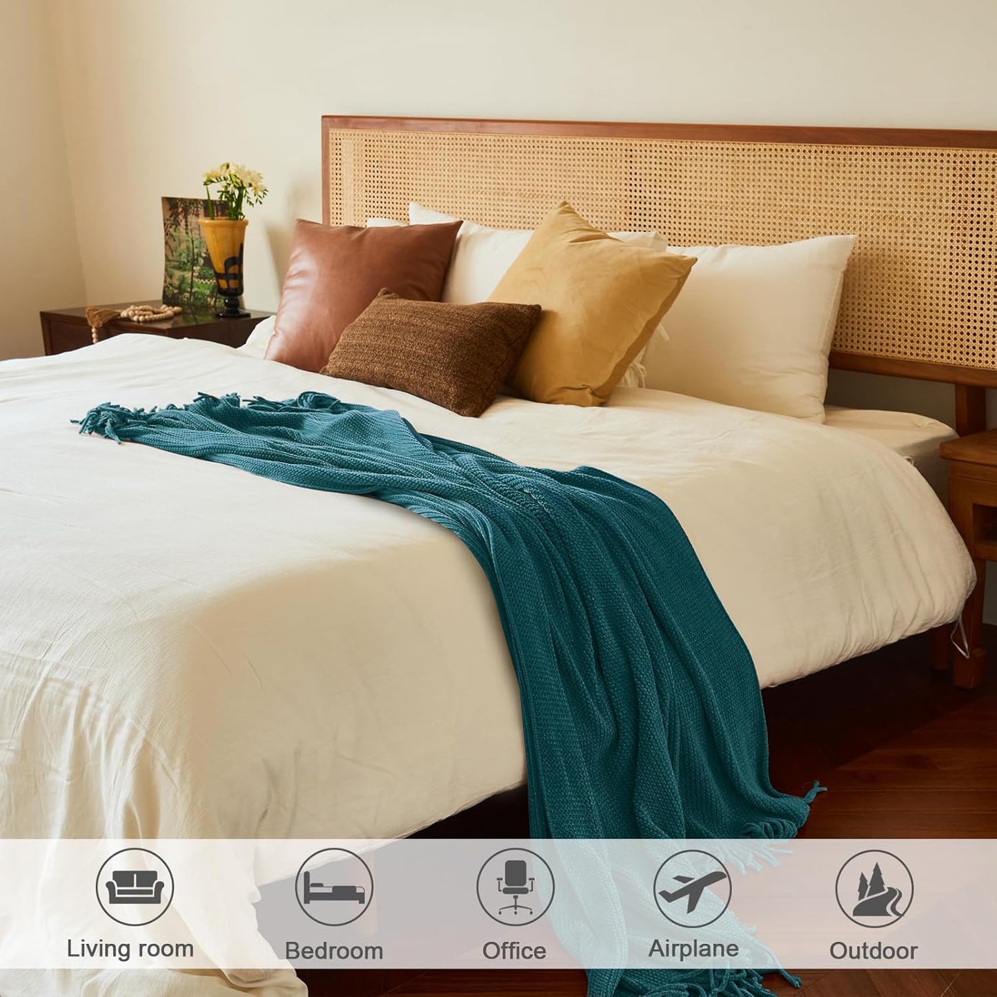 lifein Throw Blanket for Couch, Soft Boho Decor Bed Throw,Cozy Teal Knitted Chenille Small Farmhouse Lightweight Throw for Spring(Teal,50 * 60")