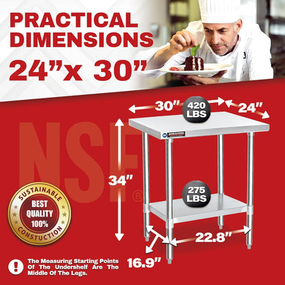 DuraSteel 24x30 Stainless Steel Work Table - NSF Commercial Prep Metal Table - Outdoor Pizza Oven Stand w/Under Shelf - Kitchen Island Laundry Utility Garage Microwave Stand Large Rolling Storage Cart