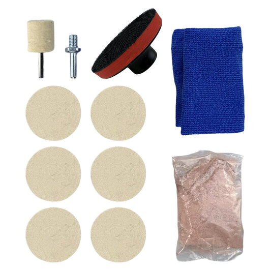9Pcs/Set Glass Polishing Kit, 100g Cerium Oxide Powder Polishing Kit with Towel Polishing Wheels Set Polish Pads, Deep Scratch Remover for Windscreen and Glass Repair