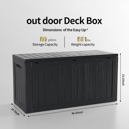 80 Gallon Lockable Resin Deck Box, Waterproof & UV-Resistant Outdoor Storage Box for Outdoor Cushion Storage, Garden Tools & Pool Accessories Storage, Black