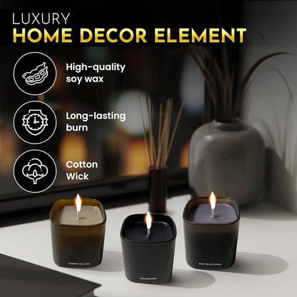 Candle Gift Set – 3 Scented Soy Candles, Clean Burn 50+ Hrs – Flower-Inspired Scents: Amber, Red Tea Wood, Champagne – Bulk Set for Women Giftset, 9.8oz Each, Gift Idea for Women, Home Decor, Birthday