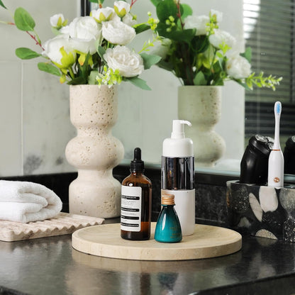 BCS Natural Travertine Tray, 9.8" Round Decorative Marble Vanity Tray for Bathroom Countertop, Kitchen Counter, Coffee Table, or Catchall, Stone Organizer for Jewelry, Perfume, Candles, Home Decor