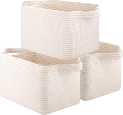 Storage Basket for Organizing, Woven Baskets for Storage, Rectangle Decorative Baskets for Shleves, Closet, Toys, Books, Nursery Organizer Bins - Pack of 3 (White)