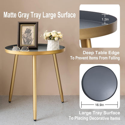 AOJEZOR Side Table: End Table for Indoor Use - Round Side Tables for Small Spaces - Grey Top 3 Legged Gold