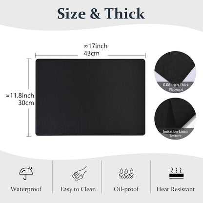 FROMHEART Faux Leather Placemats Set of 6–Waterproof,Heat/Oil Stain-Resistant PU Table Mat–Reversible,Non-Slip,Easy to Clean Place Mats for Kitchen,Dining,Indoor/Outdoor,(Black,11.8" x 17")