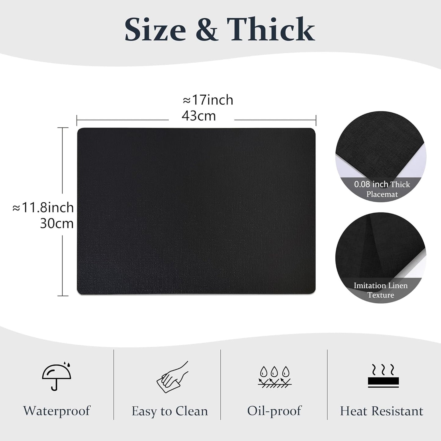 FROMHEART Faux Leather Placemats Set of 4–Waterproof,Heat/Oil Stain-Resistant PU Table Mat–Reversible,Non-Slip,Easy to Clean Place Mats for Kitchen,Dining,Indoor/Outdoor,(Black,11.8" x 17")