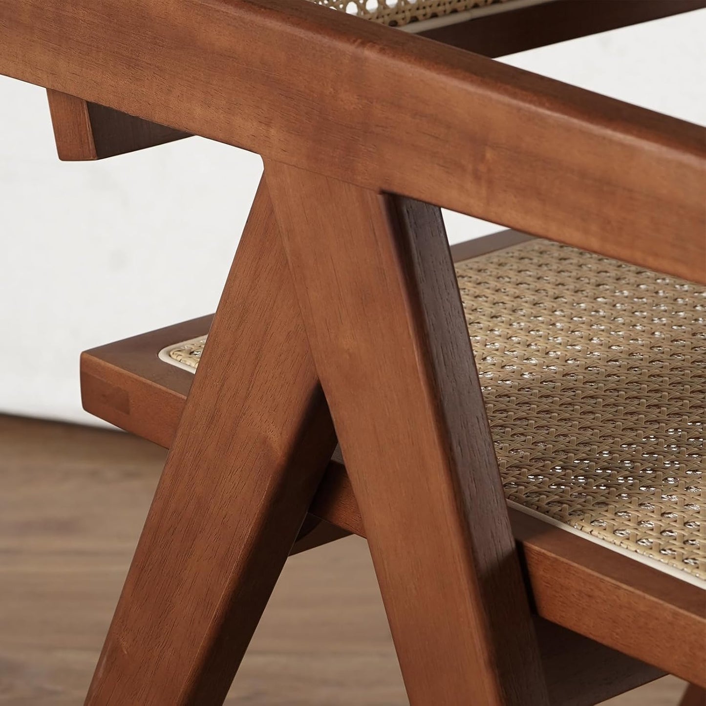 Rattan Walnut Mid Century Modern Dining Chairs Set of 4, Comfy Armchairs with Cane Back, Outdoor Kitchen Chairs for Multiple Rooms