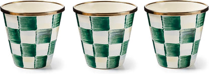 MACKENZIE-CHILDS Enamel Herb Pots, Small Plant Pots for Herbs or Flowers, Set of 3, Green-and-White Emerald Check
