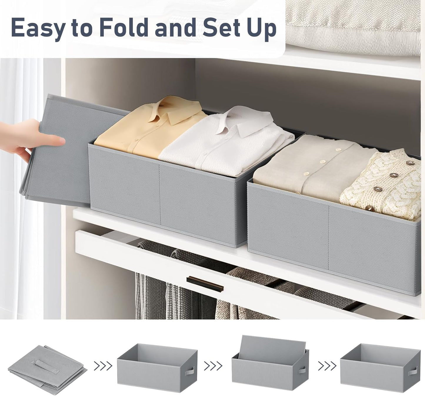 DIMJ Large Closet Storage Bins 8 Pack - Fabric Trapezoid Closet Organizer Bin, Foldable Storage Baskets for Shelves, Closet Shelf Organizer, Clothing Storage Box for Toys, Books, Towel, Clothes, Gray