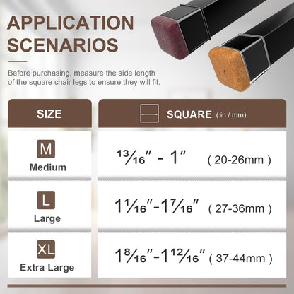 20 Pcs Chair Leg Floor Protectors for Hardwood Floors, Black Rubber Furniture Sliders with Felt, Silicone Furniture Leg Caps Covers (Fit Square Diameter:1.06" to 1.44")