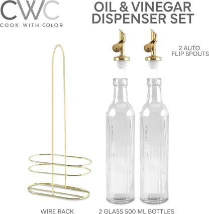 COOK WITH COLOR Glass Olive Oil Dispenser Bottle - 2 Pack, 17 oz Cruet - Elegant Carafe Decanter with Spout for Kitchen, Suitable for Vinegar, Coffee Syrups & Other Liquids