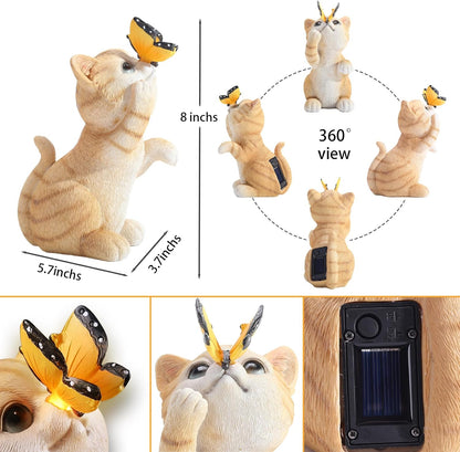 Solar Garden Statue Cute Cat Figurine Fun Color Changing LED Butterfly Light Outdoor Decor Waterproof Resin Sculpture Patio Lawn Art Housewarming Gifts for Cat Lovers Women