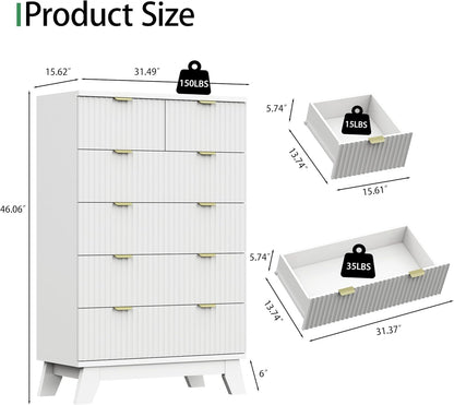 Fluted Dresser for Bedroom with 6 Drawers, 46" Tall Modern Chest of Drawers with Metal Handle, Wooden Dresser TV Stand, Wood Closet Clothes Storage Organizer for Living Room, Hallway, White