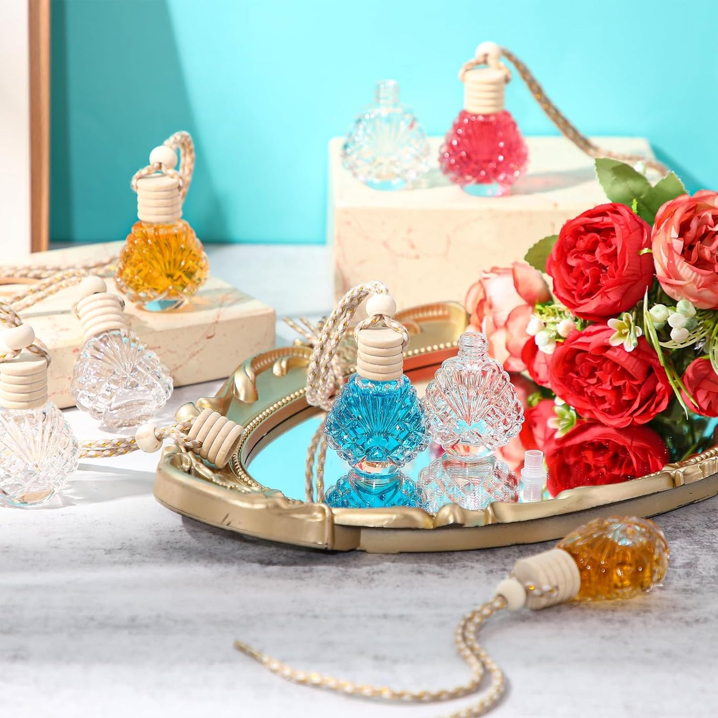 BBTO 50 Pcs Hanging Car Air Freshener Car Diffuser Bottles Empty Glass Perfume Bottle Freshener Diffuser Bottle Pendant for Essential Oil Fragrance Aromatherapy Bottle Ornament(Shell)