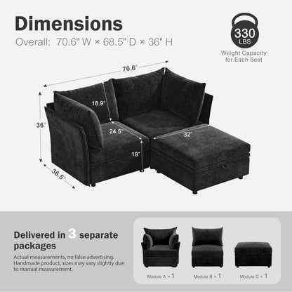 Luxury Modular Sectional Sofa, L-Shaped 3-Seat Couch with Storage Ottoman Deep Seat & Reversible Chaise Lounge Chenille Black for Compact Spaces, Apartments, Dorm
