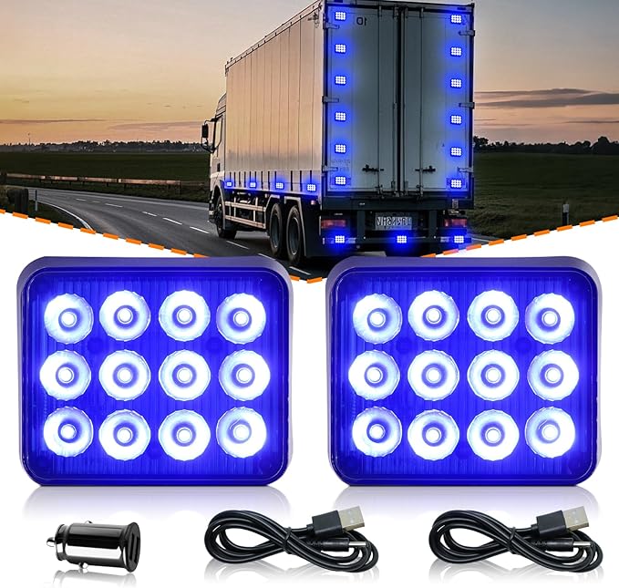 2PCS LED Wireless Magnetic Strobe Lights LED Blue Beacon Warning Emergency Light, Waterproof Surface Mount Flashing Rechargeable Strobe Light for 12V-24V Trucks Vehicles Police Cars ATV SUV