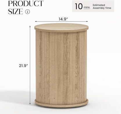 Round Fluted End Table for Living Room, Modern Wooden Sofa Couch Side Table for Small Spaces, 21.9" H Nightstand Set of 2 for Bedroom (Oslo Oak)