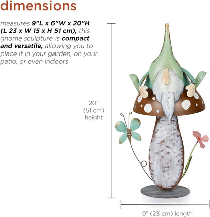 Alpine Corporation - Metal Gnome with Mushroom – 20" Tall Durable Iron Garden Statue, Whimsical Outdoor Décor for Patio, Lawn, Yard (Multicolor)