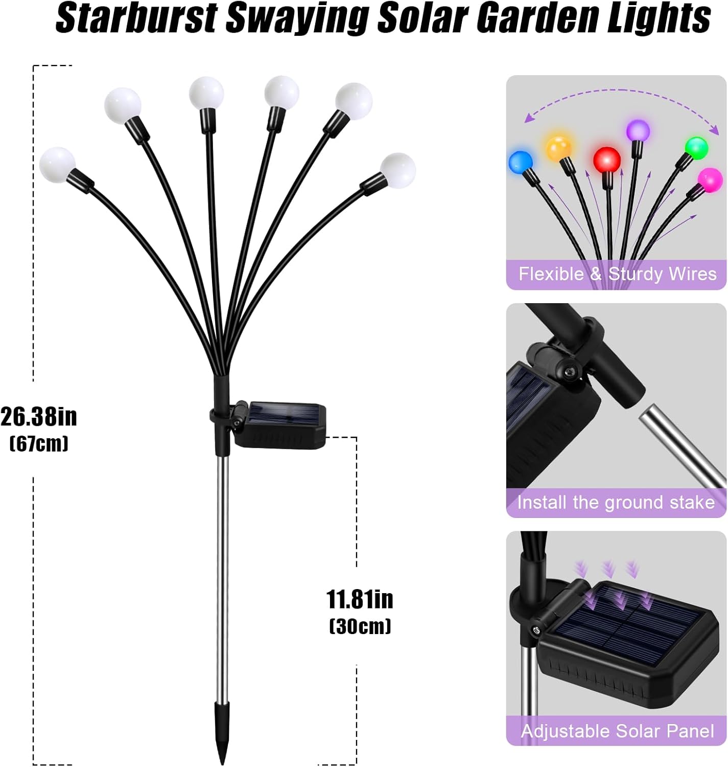 Solar Garden Lights Outdoor, 24 LEDs Solar Firefly Light, Multicolor Changing RGB Swaying Lights Outdoor Waterproof, 4 Pack 6 Heads Christmas Garden Decorative for Yard Patio Pathway Lawn Decor