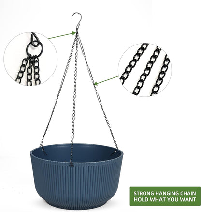 Dexceder 11.2 Inch Self Watering Hanging Planters Indoor Outdoor, Thickened Hanging Basket Flower Plant Pot (2 Pack, Deep Blue)