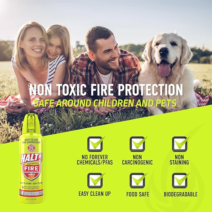 HALT! 10oz Fire Safety Spray – Non-Toxic, PFAS-Free Handheld Fire Suppressor – Easy to Use, Store & Find – Compact & Portable for Home, Kitchen, Car, BBQ, Camping & Tailgate – Made in USA (Single)