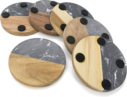 ZENFUN 6 Pc Black Marble Wood Coasters, Round Coaster, Handcrafted Artificial Marble Coasters Set for Your Drinks and Beverages, Tea, Coffee, Wine/Bar Glasses, Tabletop Protection Helper