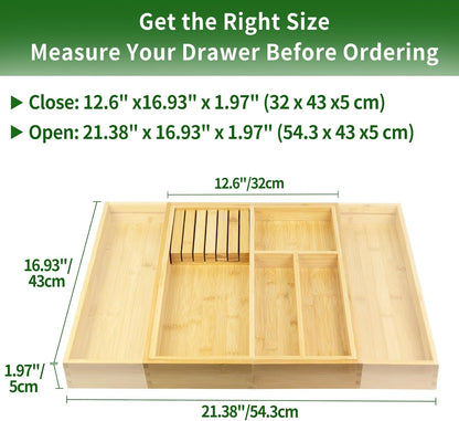 VaeFae Bamboo Kitchen Drawer Organizer, Wooden Utensil Tray with Multiple Compartments, Cutlery and Silverware Storage