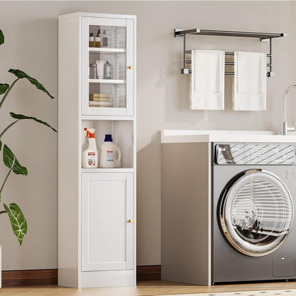 67" Tall Bathroom Storage Cabinet, Narrow Metal Floor Cabinet with Glass Door and Adjustable Shelves, Freestanding Metal Locker for Laundry, Kitchen, Dining Room