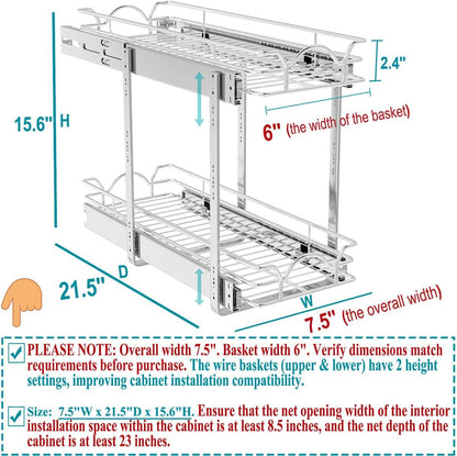 OCG 2 Tier Pull Out Cabinet Organizer (7.5" W x 21.5" D), Pull Out Drawers for Kitchen Cabinets, Pull Out Shelves for Base Cabinet Organization in Kitchen Bathroom Pantry, Chrome Finish