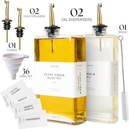 Premium Glass Olive Oil Dispenser Bottle 350ml | Cooking Oil and Vinegar Dispenser Set of 2 | Oil Dispenser for Kitchen with 2 Gold Pourers, Funnel, Brush & 36 Labels