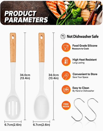 Silicone Cooking Spoons, Great for Scooping Sides and Serving Hearty Stews, BPA-Free Matte Silicone, Wooden Handle Serving Spoon for Nonstick Cooking Surfaces (White)