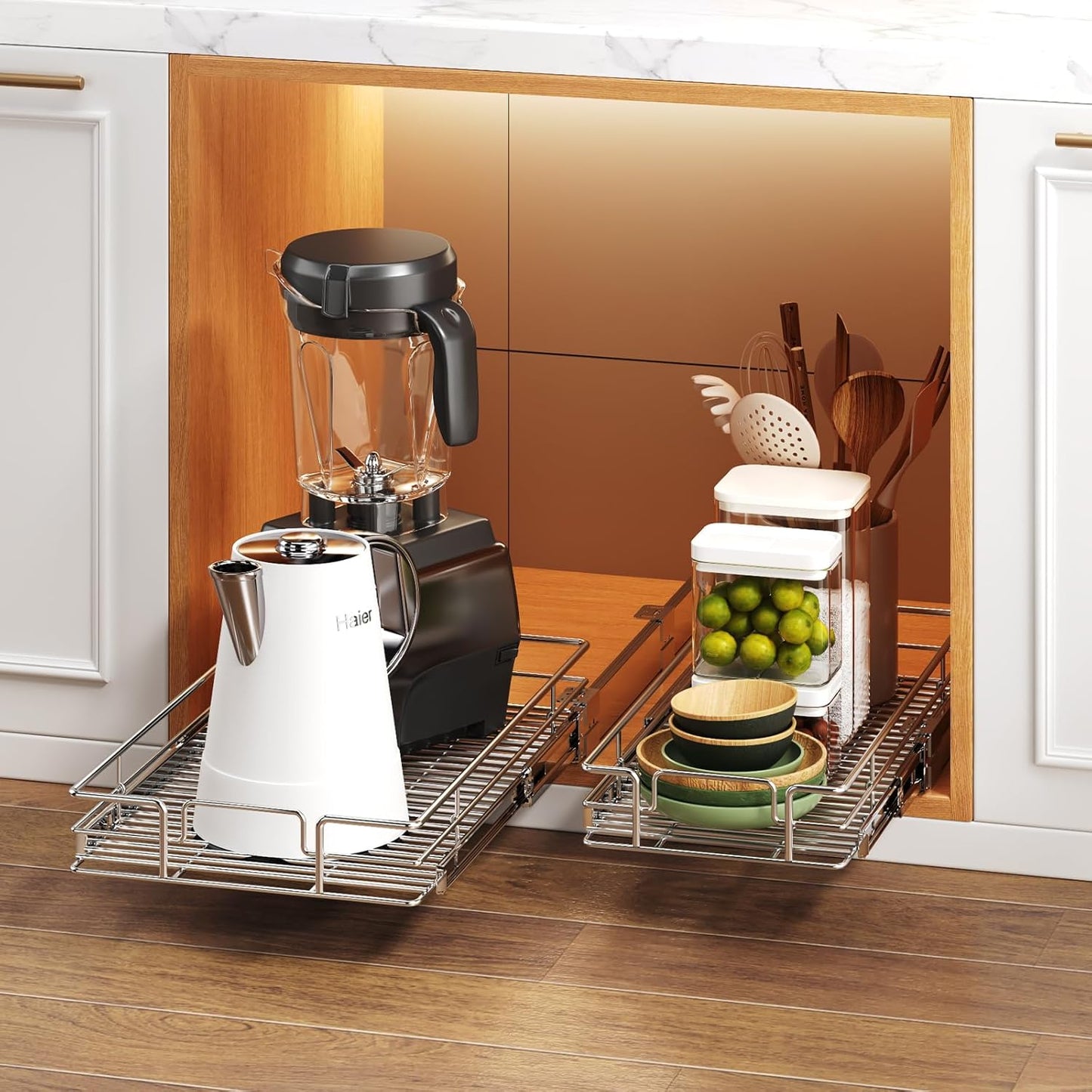 Pull Out Cabinet Organizer 9" W x 21½" D, Heavy Duty Cabinet Pull Out Shelves, Slide Out Drawers Organization for Kitchen Cabinets Bathroom