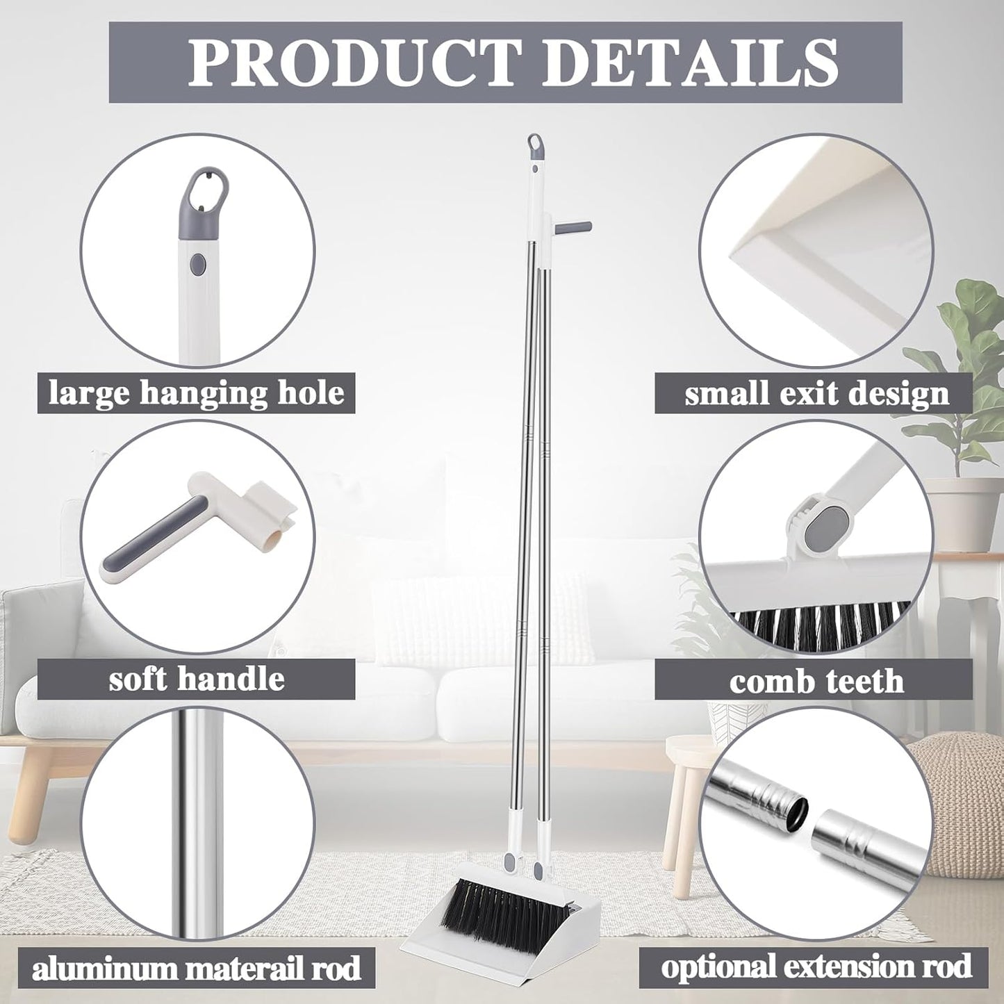 Suclain 4 Set 8 Pcs Broom and Dustpan Set 47 Inch Long Handle Brooms for Sweeping Indoor Household Dustpans for Indoor Outdoor Kitchen Floor