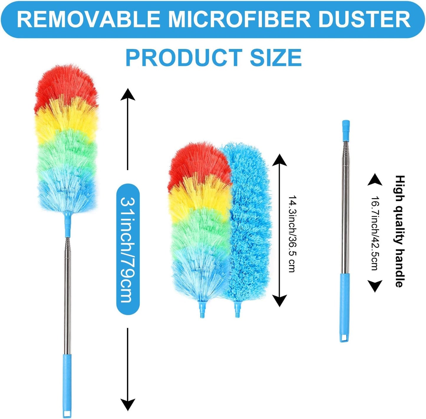 Rainbow Extendable Static Duster Reusable Microfiber Duster with 100" Telescoping Pole, Beandable and Washable Dusters Head for Cleaning Ceiling, Fan, Furniture