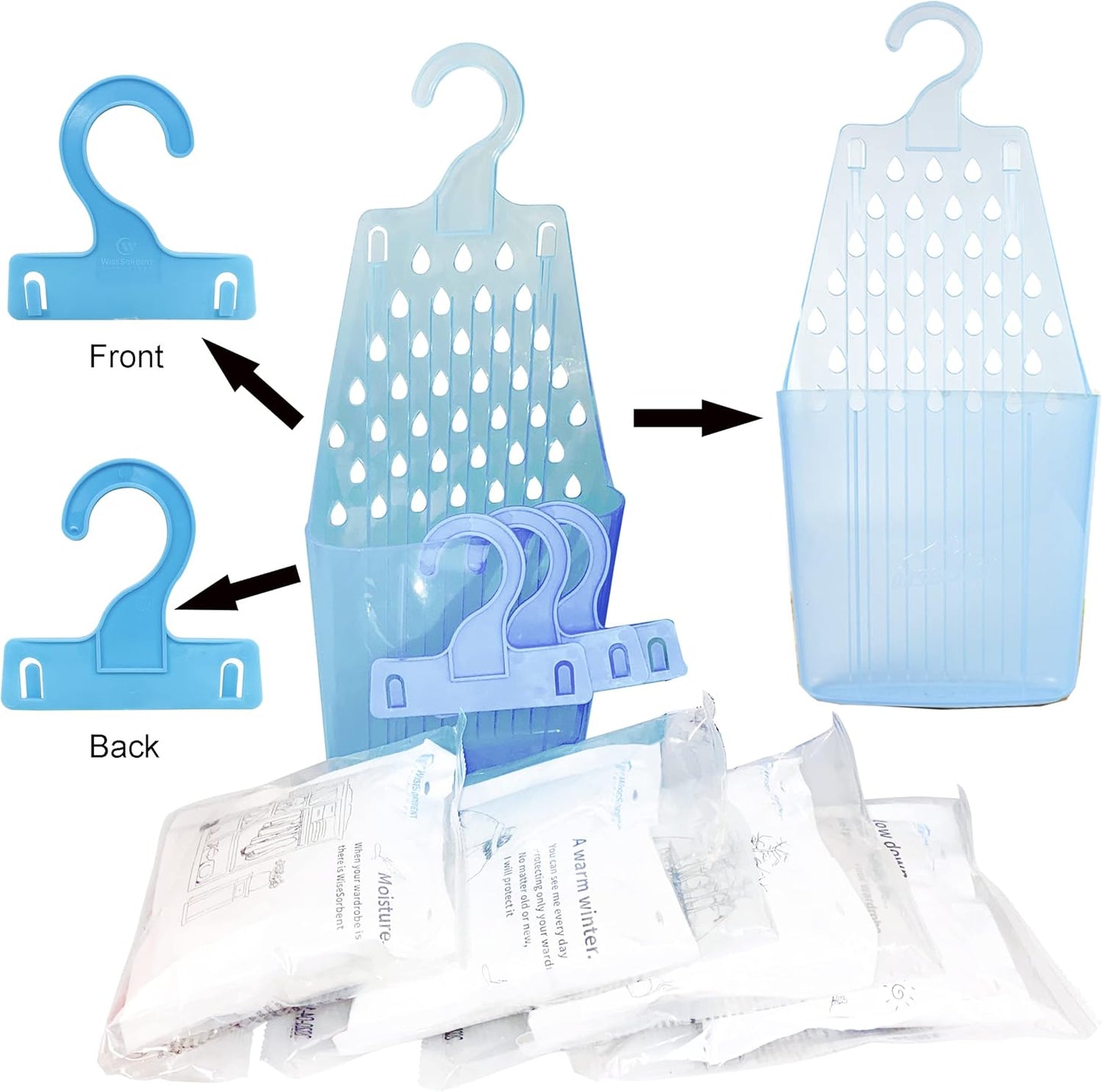 Moisture Absorber Packets with Plastic Case & Hook, Odor Eliminator, Leak Proof, Fragrance Free, Humidity Packs, Hanging Closet Dehumidifier Bags, Moisture Absorber (4 Packs)