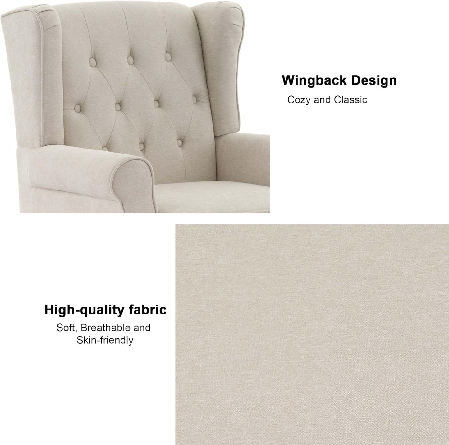 Accent Chair, Upholstered Armchair with Button Tufted High Back & Solid Wood Legs, Comfy Wingback Reading Single Sofa Chair for Small Spaces, Living Room, Bedroom (Beige, Set of 1)